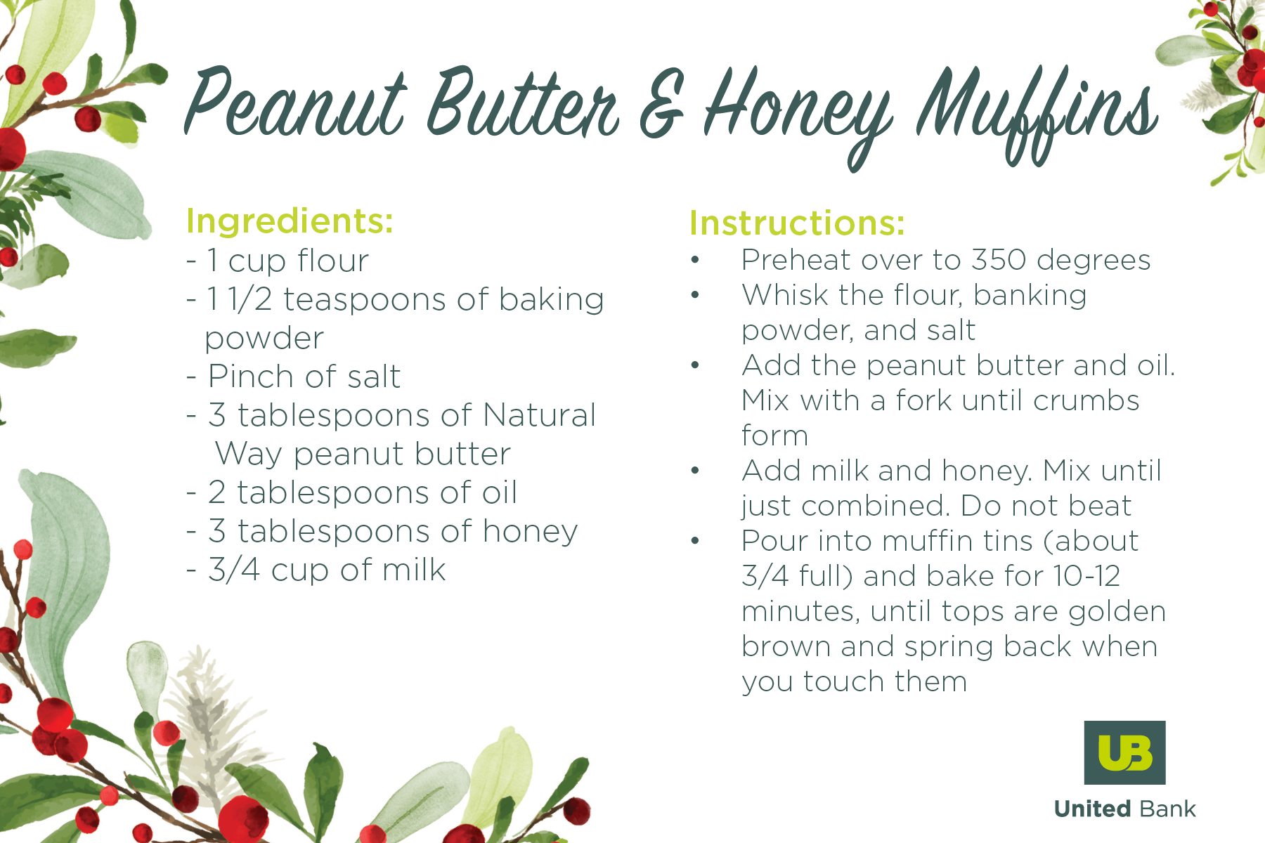 Peanut Butter & Honey Muffins Recipe Card 